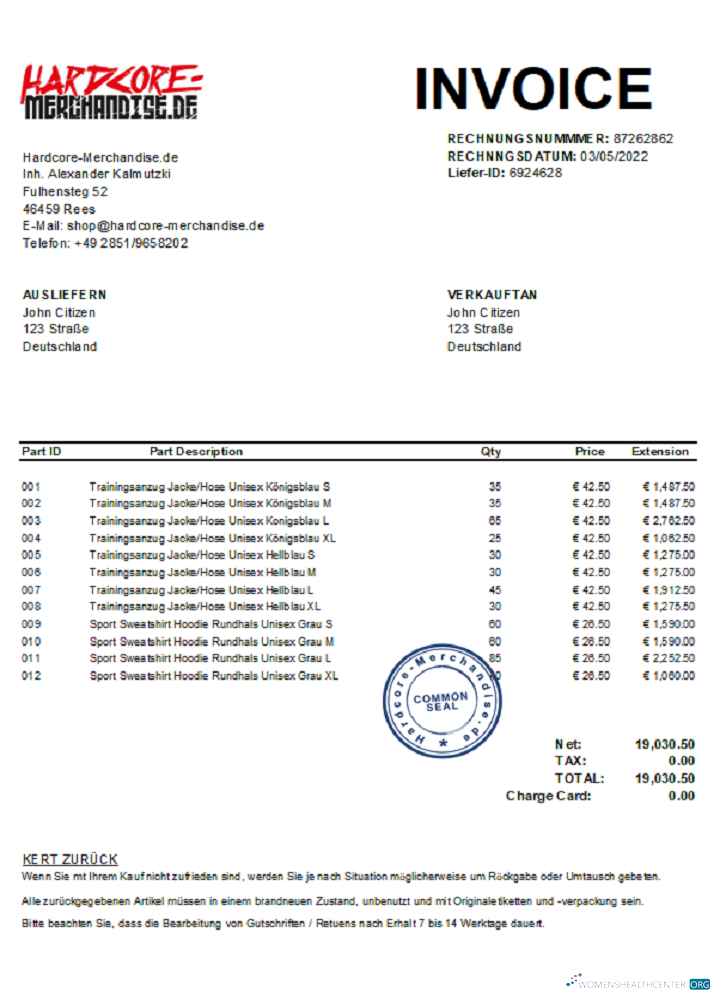 Download Germany Hardcore Merchandise invoice J. C. xls Photoshop template
